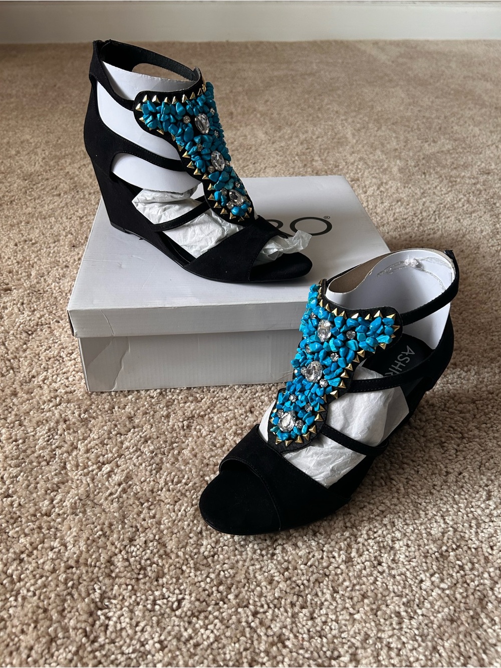 Ashro Black Wedge Sandals with Turquoise and Gold Stud Accents